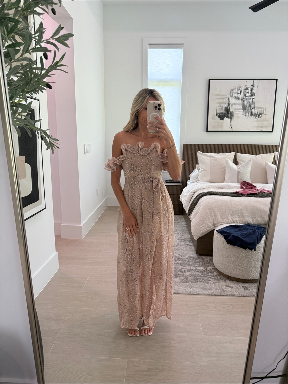 Off-Shoulder Blush Pink Pantsuit with Ruffle Trim